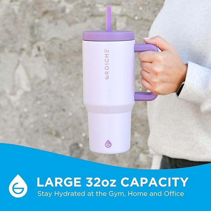 GROSCHE ASPEN 32 oz Tumbler with Handle and Straw. Extreme Insulation, Classy Design, Built to Last Insulated Stainless Steel Tumbler with Handle, Lid and Straw - Lavender