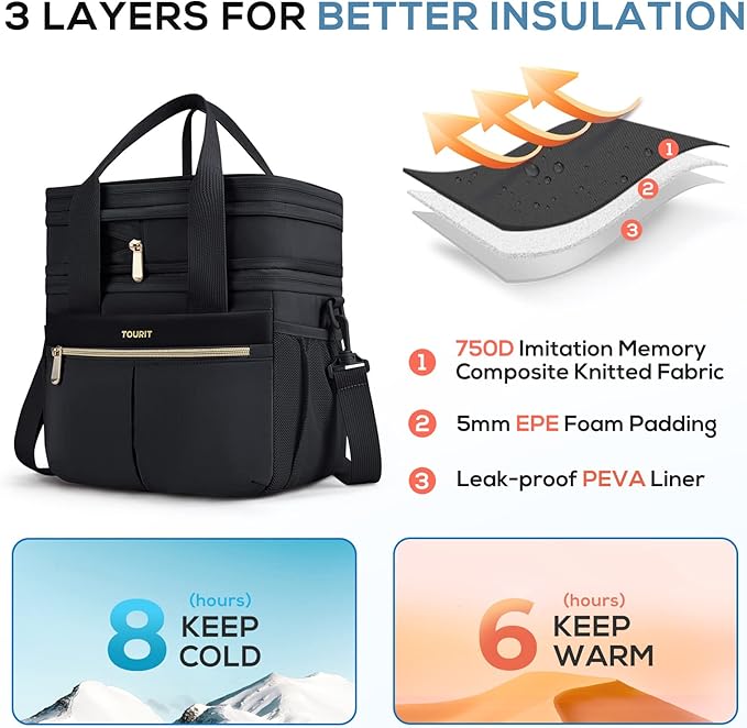 TOURIT Insulated Lunch Box Bag, Double Deck Leakproof Cooler Tote for Work Office Picnic, Expandable Lunch Container, Black