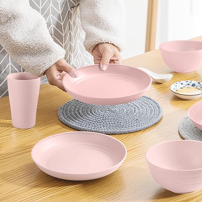 Teivio 32-Piece Kitchen Plastic Wheat Straw Dinnerware Set, Service for 8, Dinner Plates, Dessert Plate, Cereal Bowls, Cups, Unbreakable Colorful Plastic Outdoor Camping Dishes, Pink