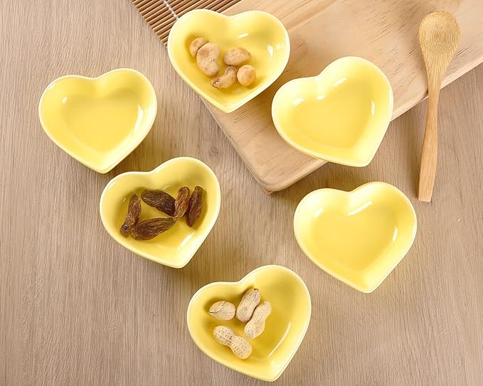 WHJY Yellow Love Heart Shaped Ceramic Side Dish Bowl, Contemporary Porcelain Side Dishes Bowl, Seasoning Dishes Soy Dipping Sauce Dishes for Wedding Birthday Party- Set of 6
