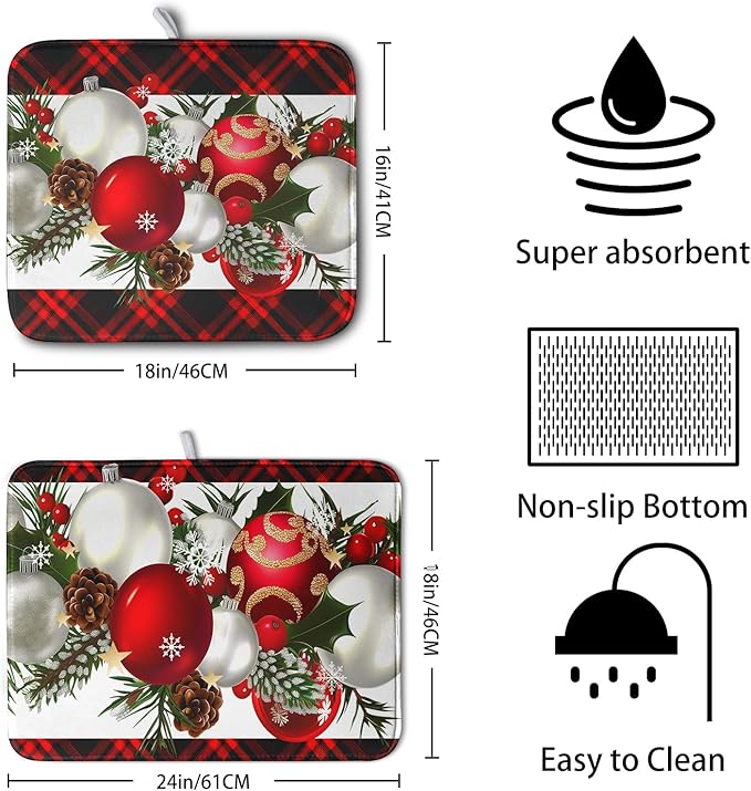 Red Buffalo Plaid Christmas Kitchen Drying Mats for Dishes Xmas Ball Snowflake Pine Cones Dish Drainer Rack Mat Winter Microfibe Absorbent Dish Drying Pad for Home Kitchen Counter Decor 18x24in
