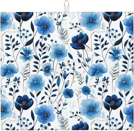 Blue White Floral Watercolor Dish Drying Mats, Absorbent Boho Blue Decorative Kitchen Counter Mat, 16" x 18", Polyester, Absorption, Foldable, for Kitchen Dishes Drainers, Small Appliances, Home Decor