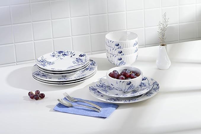 222 Fifth 12-Piece Porcelain Dinnerware Set for 4, White & Blue Plates and Bowls Set, Glossy Ceramic Dish Set with Embossed Toile Pattern, Elegant Kitchen Dishes, Microwave & Dishwasher Safe, Cassian