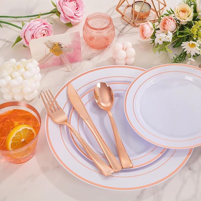 WELLIFE 300 PCS Rose Gold Dinnerware Set for 50 Guests, Valentine's Day Plate, 50 Dinner & Salad Plates,Cups, Forks Knives Spoons for Wedding Reception and Mothers Day Plates