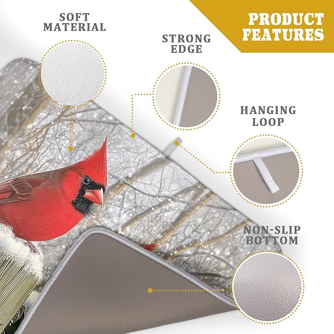 Winter Birds Dish Drying Mat Red Berry Dish Drainer Rack Mat Microfiber Absorbent Dish Drying Pad for Kitchen Counter Coffee Bar 18x24 Inch