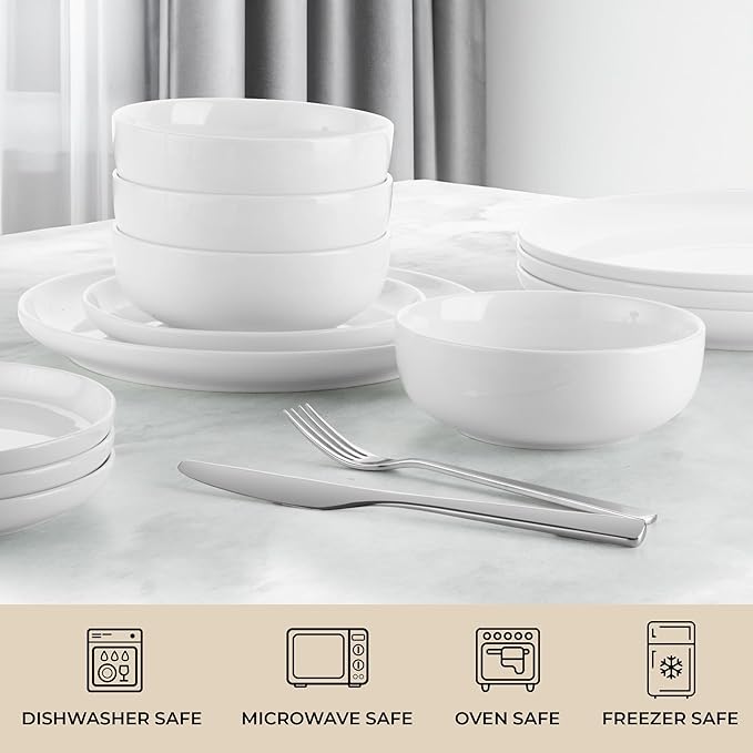 Zulay Kitchen Nova Porcelain Dinnerware Set, Service For 4 - Chip & Scratch Resistant White Plates And Bowls Sets - Microwave & Dishwasher Safe - White