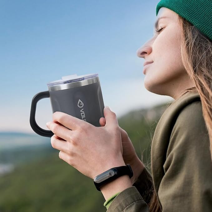 Stainless Steel Coffee Mug Cup with Handle, 16 oz Double Wall Vacuum Insulated Travel Mug Tumbler With Slider Lid, Insulated Camping Tea Flask for Hot & Cold Drinks (Grey)