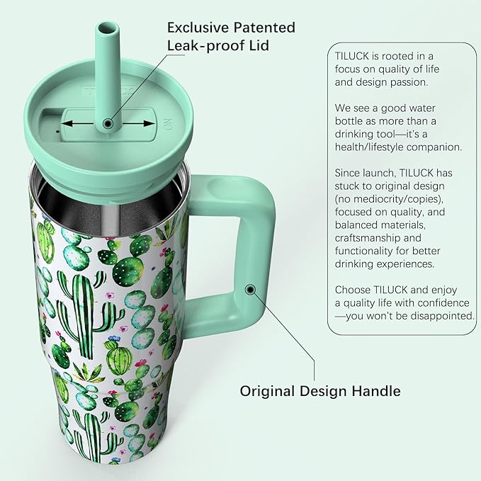 TILUCK 30 oz Tumbler with Handle, Vacuum Insulated Stainless Steel Travel Mug with 100% Leak-Proof Silicone Straw Lid, Cupholder Friendly Water Bottle(Cactus, 30oz)