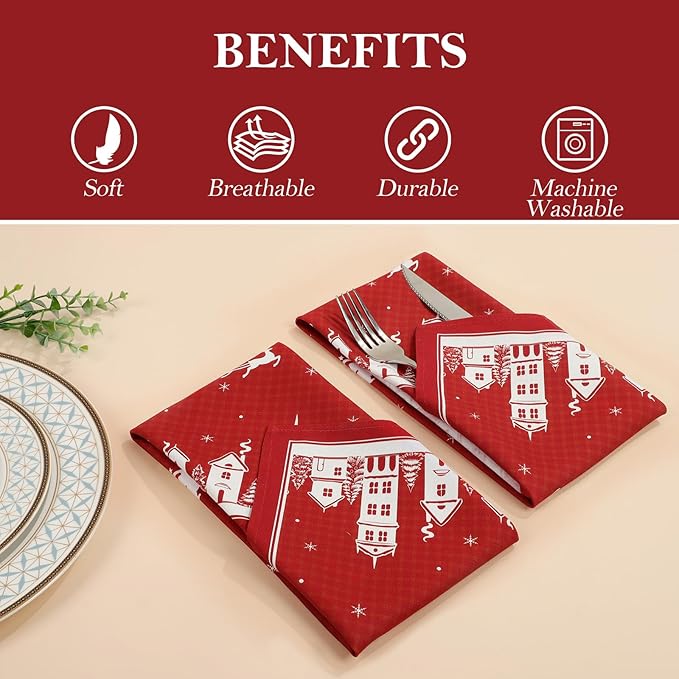 Christmas Deer Napkins, 18×18 Inch Santa Dinner Cloth Napkins Set of 6, Washable Cotton Soft Absorbent Square Napkins for Dining Kitchen Party Wedding Decoration