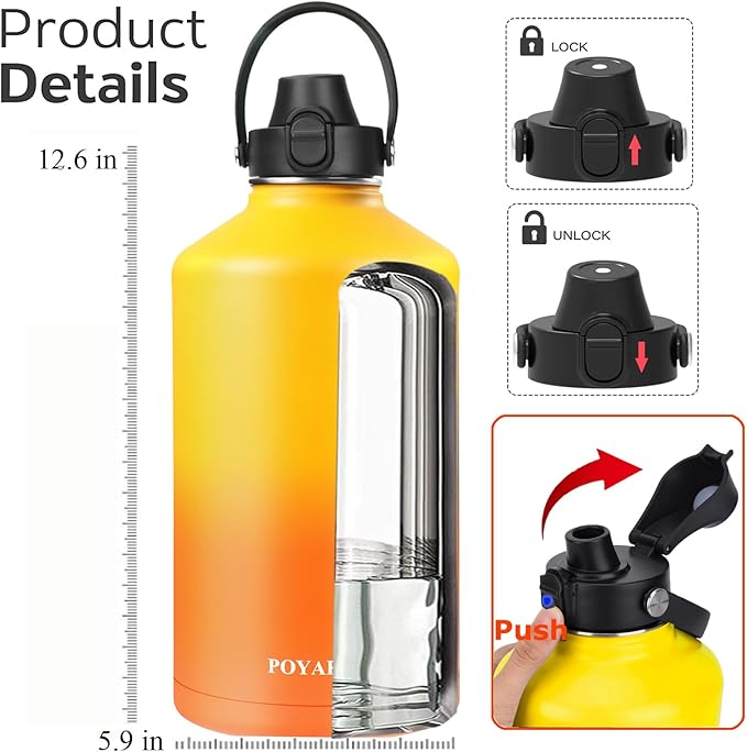 Water Bottle Insulated 32oz 40oz 64oz 128oz Straw Lid Spout Lid & 3 Lids, Leak Proof, Vacuum Insulated,Stainless Steel Water Bottle Wide Mouth for Sports, Gym or Office