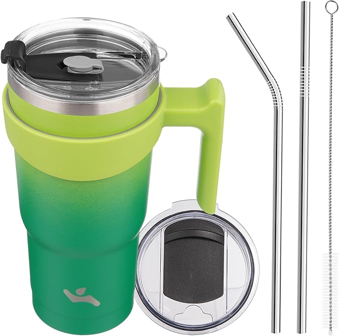 20 oz Tumbler with Handle and 2 Straw 2 Lid, Insulated Water Bottle Stainless Steel Vacuum Cup Reusable Travel Mug,Matcha Green