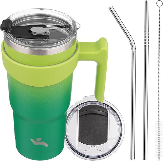 20 oz Tumbler with Handle and 2 Straw 2 Lid, Insulated Water Bottle Stainless Steel Vacuum Cup Reusable Travel Mug,Matcha Green