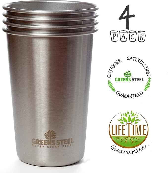 Greens Steel #1 Premium Stainless Steel Cup, 475 ml Pint Cups (4 Pack) Premium Metal Cups - Stackable Durable Cup