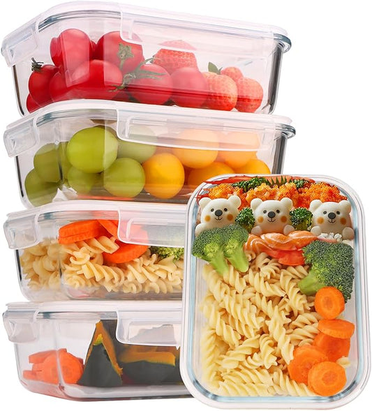 5-Pack Glass Storage Containers,Glass Food Container with Lid,Lunch Box,Bento Box,Storage Box,Meal Prep Containers,Lunch Containers, Fruit Preservation Boxes-White