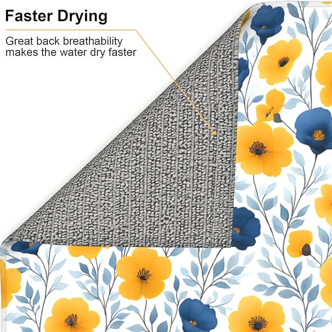 Blue Yellow Floral Dish Drying Mats for Kitchen Counter, 16" x 18" Absorbent Microfiber Drying Pad for Dishes, Decorative Kitchen Mat for Sink & Dining Area, Washable Foldable Reversible, Home Decor