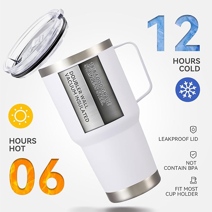 30 oz Tumbler with Handle and Lid, Stainless Steel Tumblers Bulk Double Wall Vacuum Insulated Travel Mug Leak Proof Cup Keep Drinks Cold and Hot White, 12 Pack