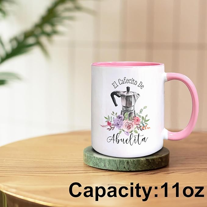 QASHWEY Abuelita Gifts Coffee Mugs, Grandma Gifts, Mothers Day Grandma Mug Coffee Tea Cup Gifts for Grandmas SpanishAbuelita, El Cafecito De Abuelita CoffeeCups Ceramic 11oz (Pink)