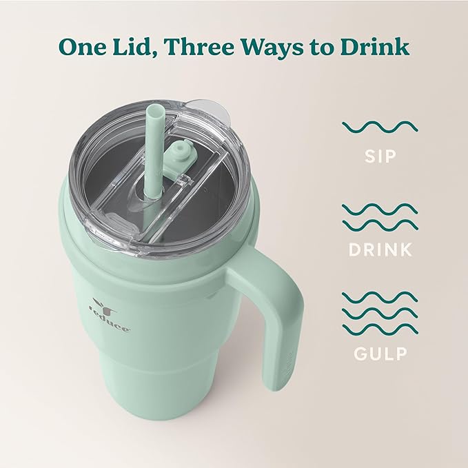 REDUCE Cold1 40 oz Tumbler with Handle - Vacuum Insulated Stainless Steel Water Bottle for Home, Office or Car, Reusable Mug with Straw or Leakproof Flip Lid, Keeps Drinks Cold All Day-Gloss Sea Glass
