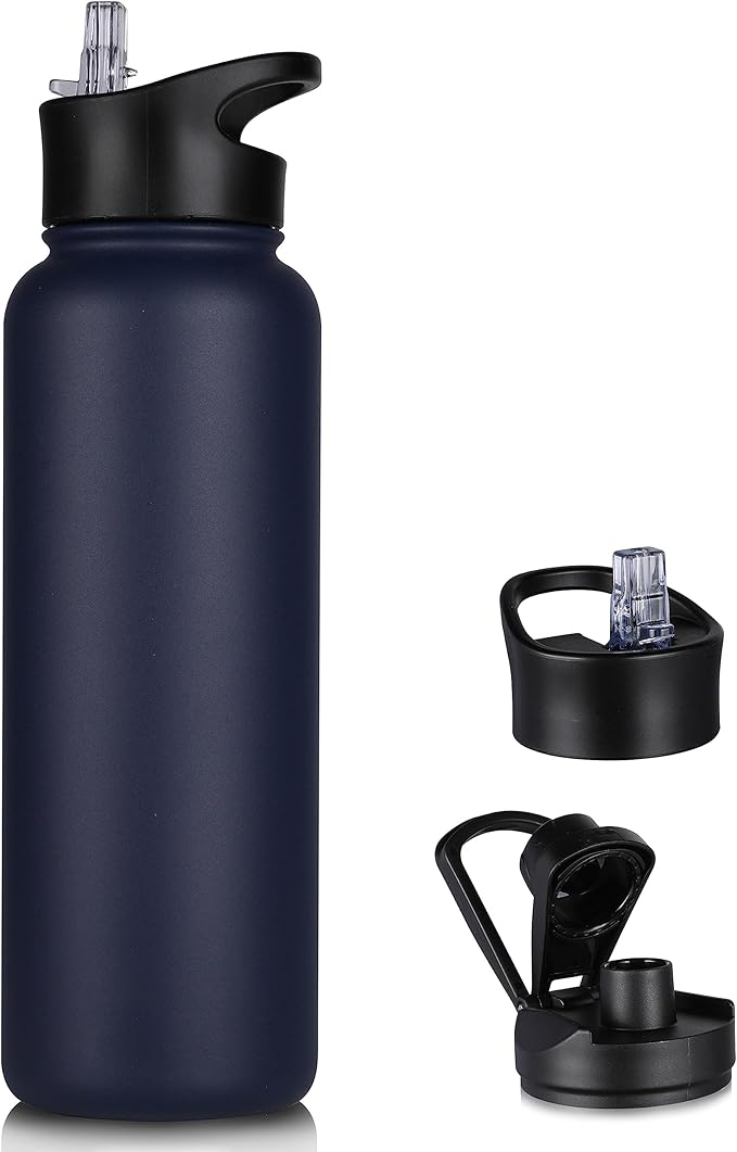 40 oz Insulated Water Bottle with Straw, Stainless Steel Sports Water Bottles with 2 Lids (Straw and Wide Mouth lid), Double Wall Vacuum, Leakproof, BPA-Free, Blue