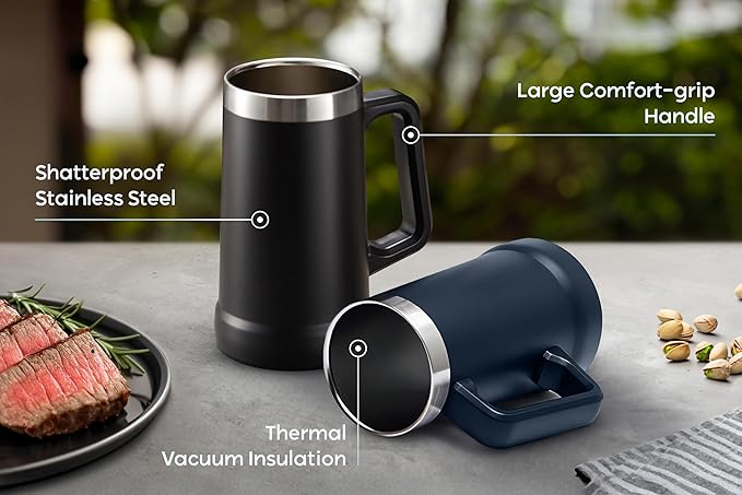 KooK Beer Stein, Stainless Steel Coffee Mug, Tumbler with Thermal Vacuum Insulation, Big Grip, Adventure, Double Walled Drinking Cup, Large Handle, Shatterproof, Black, 24 oz