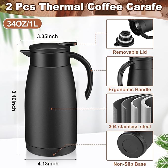 Uiifan 2 Pcs Thermal Coffee Carafe Insulated Stainless Steel Coffee Carafes for Keeping Hot and Cold Double Walled Vacuum Thermal Pot Flask with Brush for Water Milk Tea Home and Office(Black,34oz)