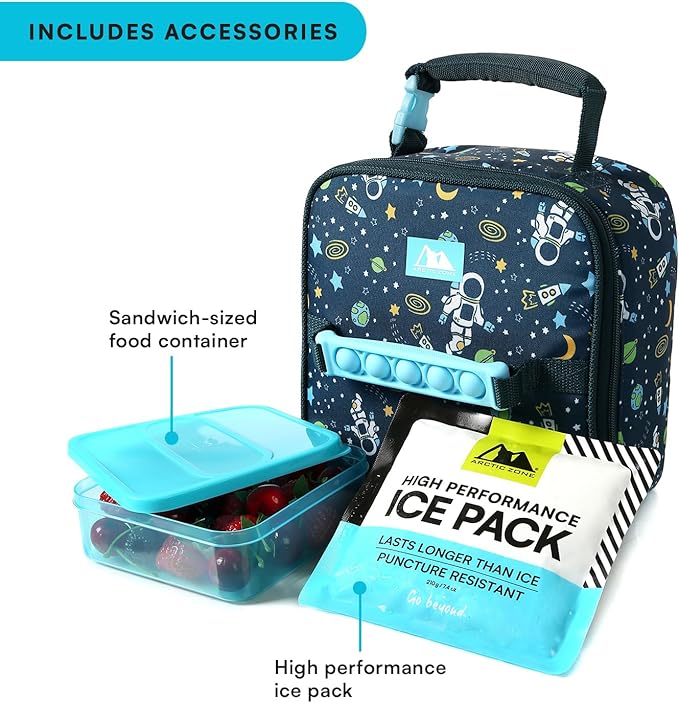 Arctic Zone Pop-it Kids Lunch Box Combo with Sensory Pop Handle, 210g Ice Pack, and Sandwich Container, Space Odyssey