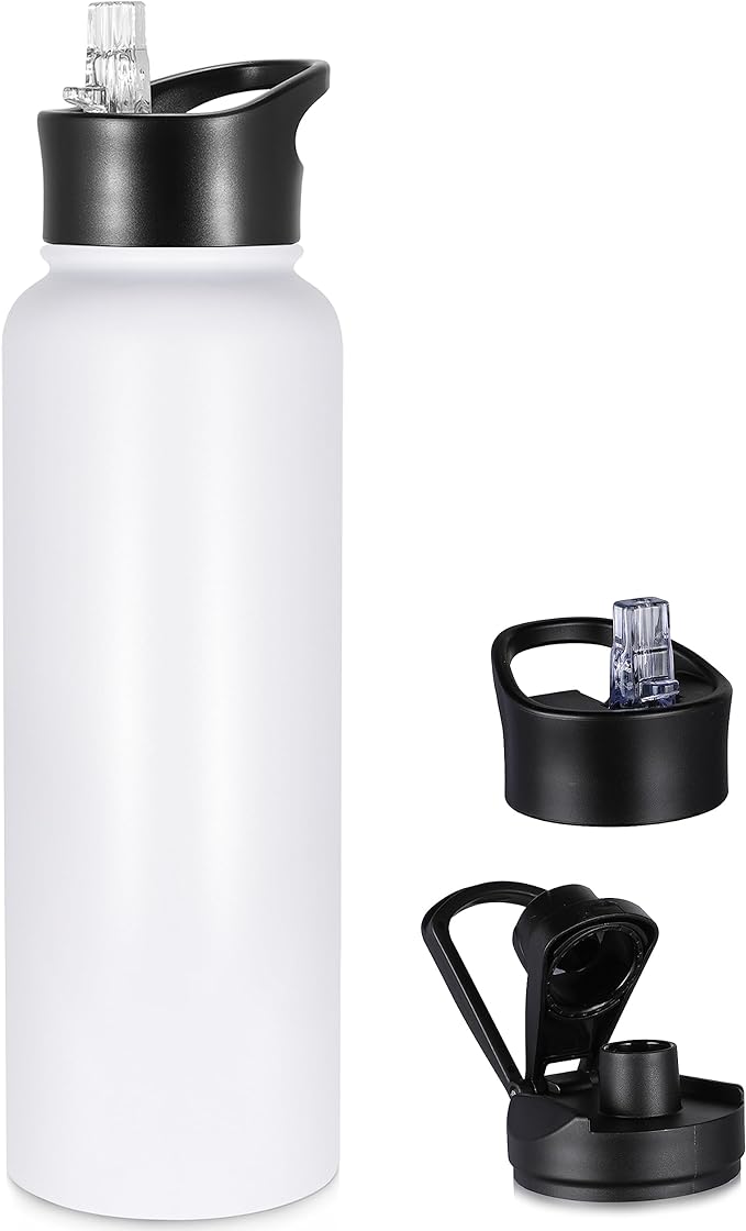 40 oz Insulated Water Bottle with Straw, Stainless Steel Sports Water Bottles with 2 Lids (Straw and Wide Mouth lid), Double Wall Vacuum, Leakproof, BPA-Free, White