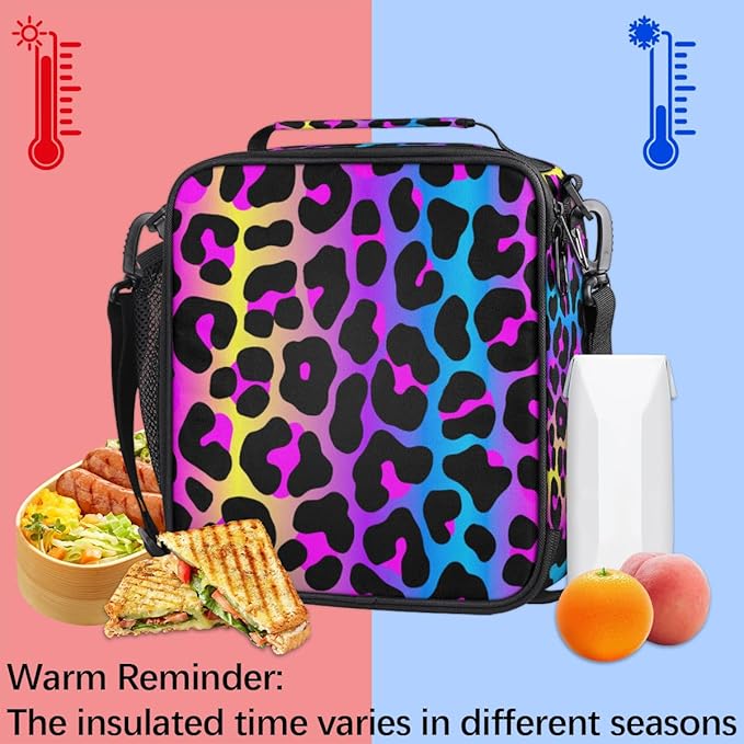Rainbow Cheetah Leopard Print Lunch Bag Box for Kids Boys Girls Insulated Lunch Tote Bag with Adjustable Shoulder Strap Reusable Waterproof Thermal Cooler Bag for School Work Picnic Women Men