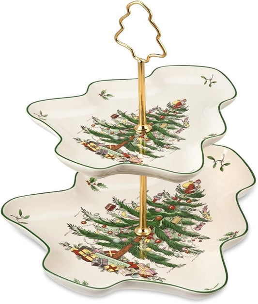 Spode Christmas Tree 2-Tiered Server, Tree-Shaped - Holiday Cupcake Stand, Dessert Display Set, Porcelain Serving Platter, 10" & 8" Plates, Dishwasher Safe Serveware for Appetizers, Desserts, Cookies