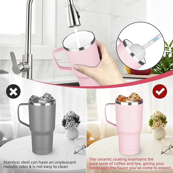 20 oz Insulated Coffee Mug with Ceramic Coating, Stainless Steel Travel Mug Tumbler with Handle Lid and Straw, Double Wall Leak-Proof Coffee Travel Mug Keeps Drink Hot and Cold (Pink)