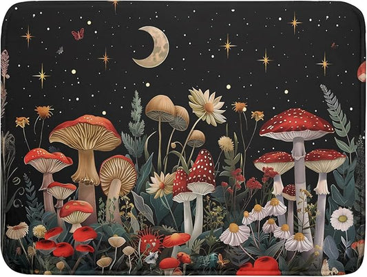 Black Mushroom Dish Drying Mat for Kitchen Counter Leaves Botanical Microfiber Dish Rack Mat Drainer Pad Washable Absorbent Dry Mat 18×24 Inch