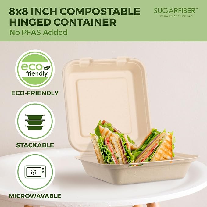 [50 COUNT]Harvest Pack PFAS FREE 8 X 8" Compostable Clamshell Food Containers, Heavy-Duty to go Hinged Container, Disposable Bagasse Eco-Friendly Natural Takeout to go Box, Made from Sugarcane