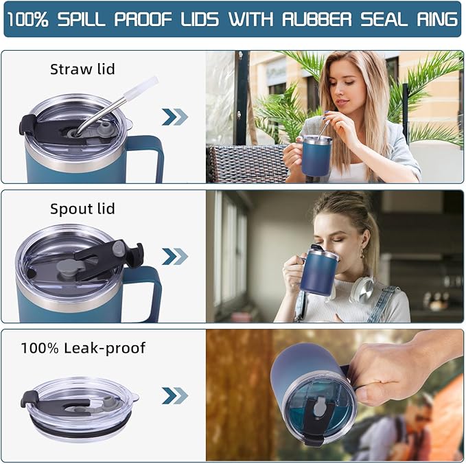 Volhoply 12oz Insulated Leakproof Coffee Mug with Flip & Straw Lid Bulk 4 Pack,Double Wall Vacuum Stainless Steel Travel Tumbler Cup with Handle,Camping Mugs Keep Cold/Hot(Dark Night,4 Set)