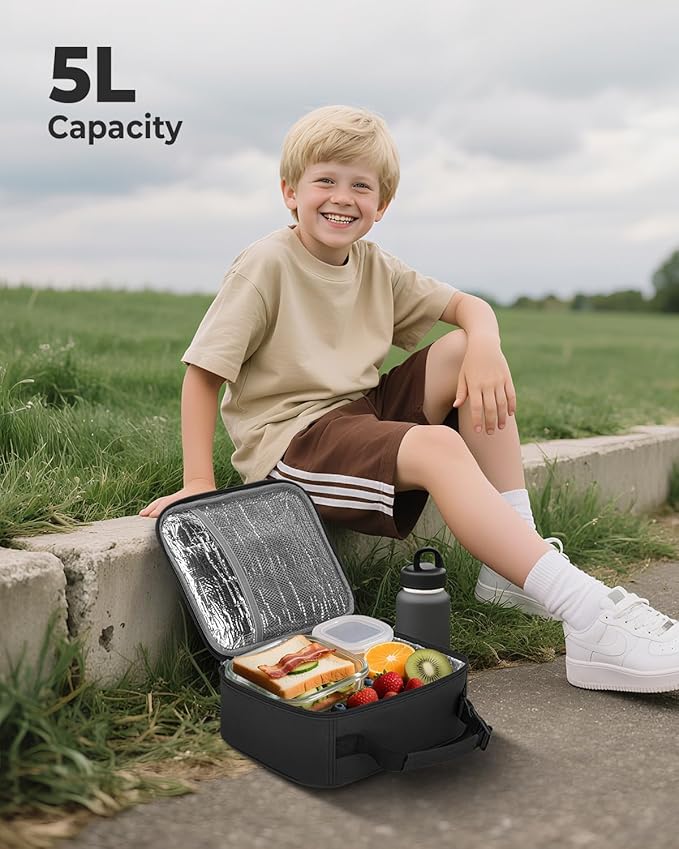 Tuwubi Kids Lunch Bag Insulated Lunch Box for Kids Small Lunch Bag for Boys/Girls Durable Lunchbox for School,Black 10-Can(5L)