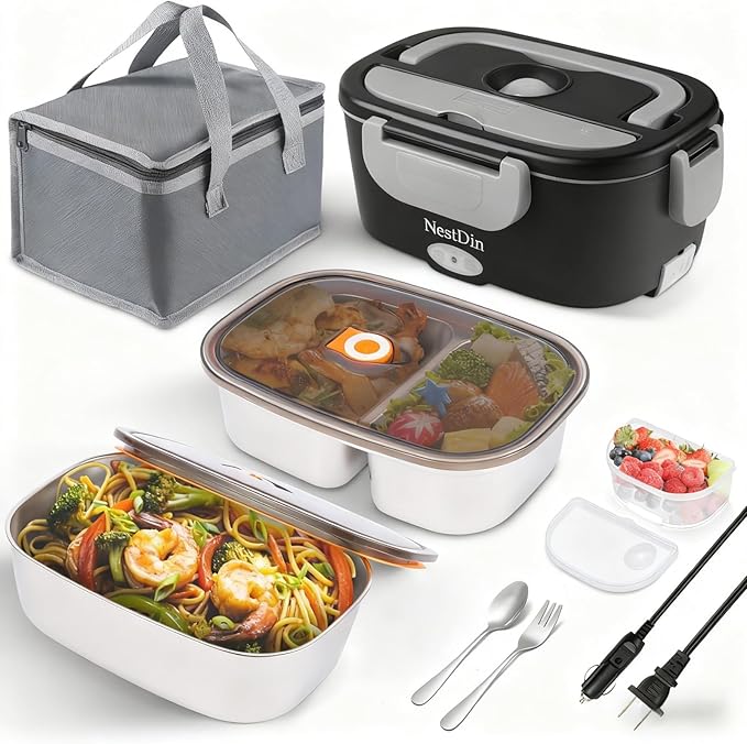 80W Heated Lunch Box for Men, 1.5L Portable Electric Lunchbox with Dual Containers and Lids, Food Warmer Lunch Box with Utensils and Insulated Bag for Work Car Truck Office