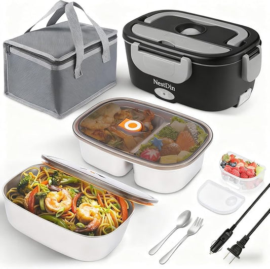 80W Heated Lunch Box for Men, 1.5L Portable Electric Lunchbox with Dual Containers and Lids, Food Warmer Lunch Box with Utensils and Insulated Bag for Work Car Truck Office