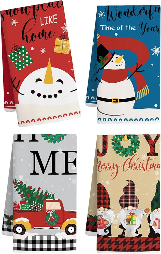 Christmas Kitchen Towels Xmas Decorative Towel - Tea Hand Towel Snowman Truck Towel Absorbent Set with Hanging Loop for Dish Garden Farmhouse Bathroom Holiday Decor, 4 Pcs