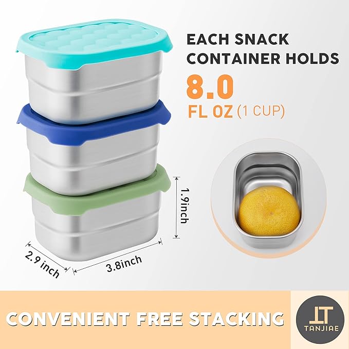 Small (1 CUP) Stainless Steel Snack Containers for Kids | Easy Open Leak Proof Food Containers with Silicone Lids - Perfect Metal Toddler Lunch Box for Daycare and School (8oz)