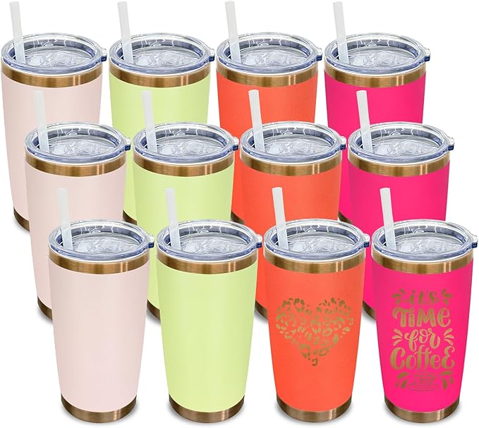 20 oz Tumbler Bulk 12 Pack Stainless Steel Tumblers with Lids and Straws, Double Wall Vacuum Insulated Travel Coffee Mug for Laser Engrave, Powder Coated Cups for Hot and Cold Drinks (Mixed B,12 pack)