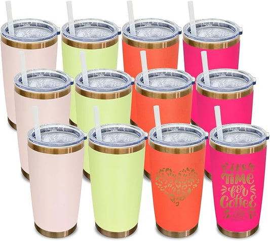 20 oz Tumbler Bulk 12 Pack Stainless Steel Tumblers with Lids and Straws, Double Wall Vacuum Insulated Travel Coffee Mug for Laser Engrave, Powder Coated Cups for Hot and Cold Drinks (Mixed B,12 pack)