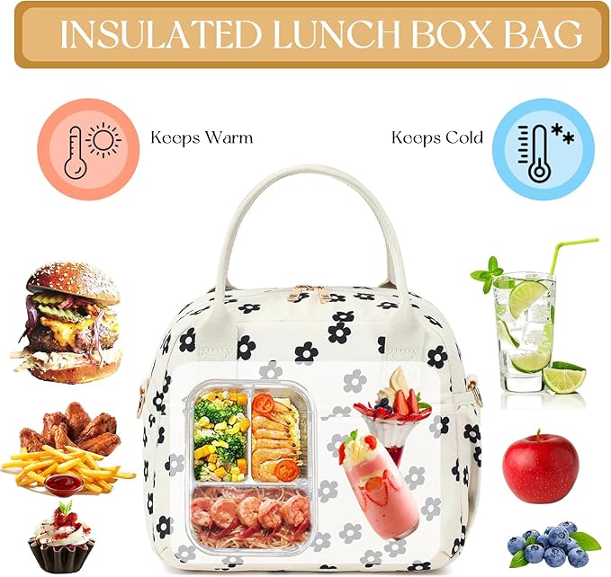 CAMTOP Lunch Box for Women Men Insulated Lunch Bag Lunch Tote Bag Leakproof Thermal Cooler Large Capacity for Travel Work School Picnic (Black Flower)