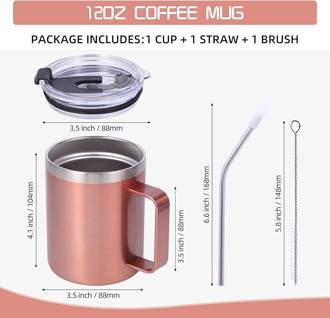 Volhoply 12oz Insulated Leakproof Coffee Mug with Flip & Straw Lid Bulk 4 Pack,Double Wall Vacuum Stainless Steel Travel Tumbler Cup with Handle,Camping Mugs Keep Cold/Hot(Rose Gold,4 Set)