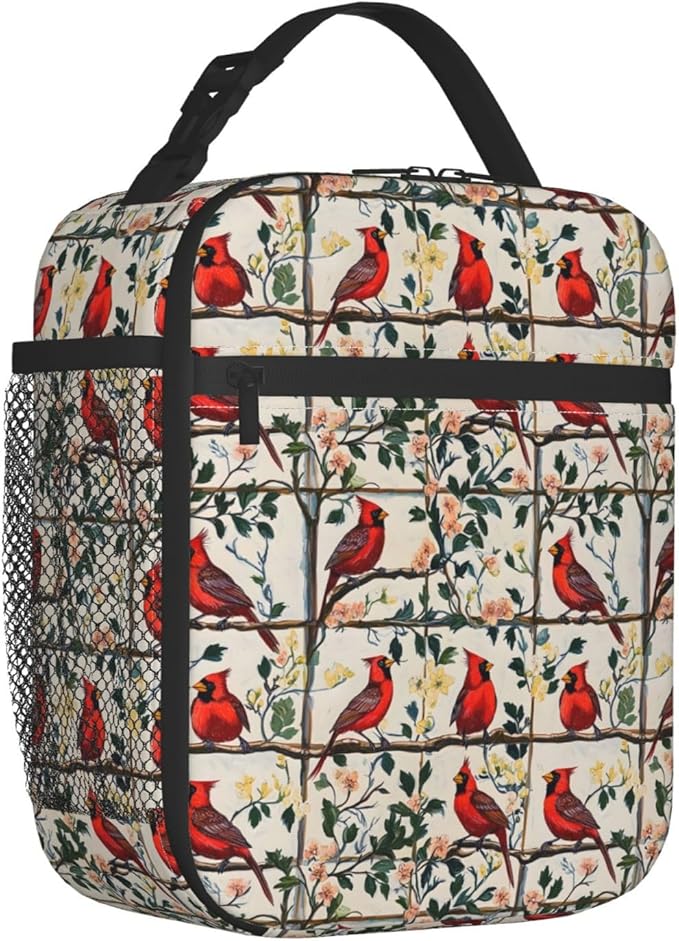 Cardinal Lunch Bag, Polyester Tote Bags with Bird Floral and Branch, Insulated Lunchbox, Portable Lunchbag Nature Decor Gifts for Work, Picnic, School, Travel, Hiking, Beach or Fishing