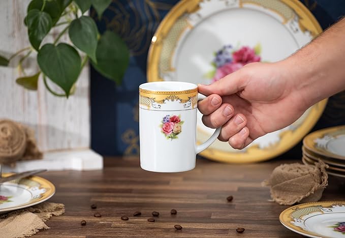 Porcelain Dinnerware Sets for 4 - White and Gold 16 Piece Set Vintage Inspired Roses Kitchen Dining Plate, Salad Plates, Soup Plate-Bowl Mugs for Every Day Dishes or Formal Occasions