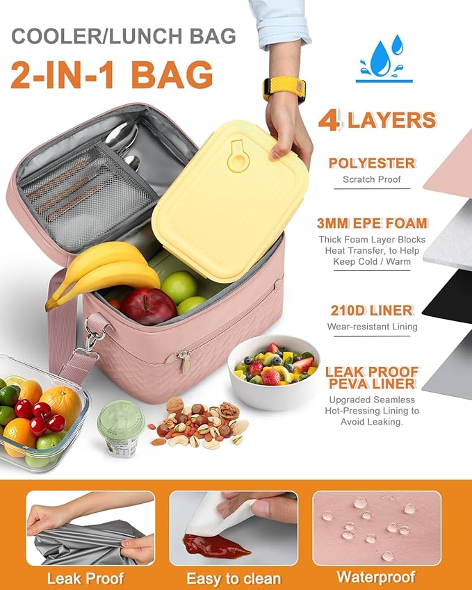 Capolo Lunch Box for Women Men Adults,Insulated Lunch Bag Leakproof Lunch Cooler Box with Removable Strap Cute Lunch Tote Bags Reusable Thermal Lunchbox for School Work Picnic(Small,Pink)