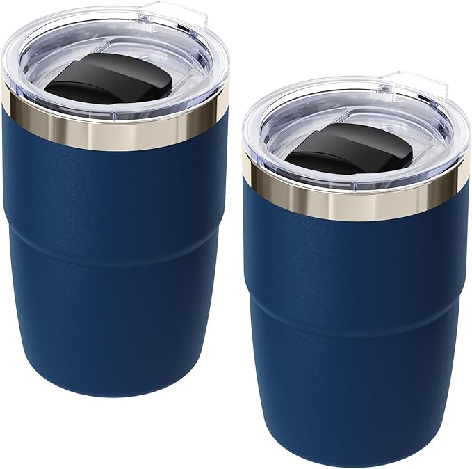 8 oz Espresso/Coffee Cup with Magnetic Lid, Ceramic-Lined 18/8 Stainless Steel, Double-Wall Vacuum Insulated, Stackable, Dishwasher Safe, Mini Tumbler for On-the-Go (Navy, 2 Pack)