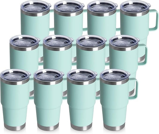 20oz Tumbler Bulk with Lid, Stainless Steel Tumbler Bulk with Handle, Metal Insulated Travel Coffee Mug Set with Handle, Double Wall Vacuum Leak Proof Tumbler Cup, Mint Green 12 Pack