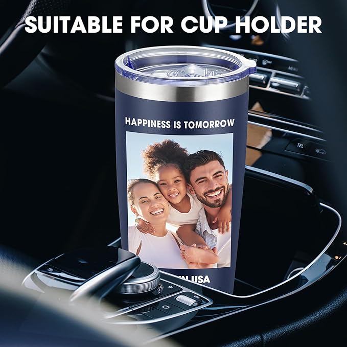 Personalized Custom Tumbler Print in USA 20oz Stainless Steel Coffee Cup with Lid & Straw Double Wall Insulated Tumbler with Colorful Text Logo Photo