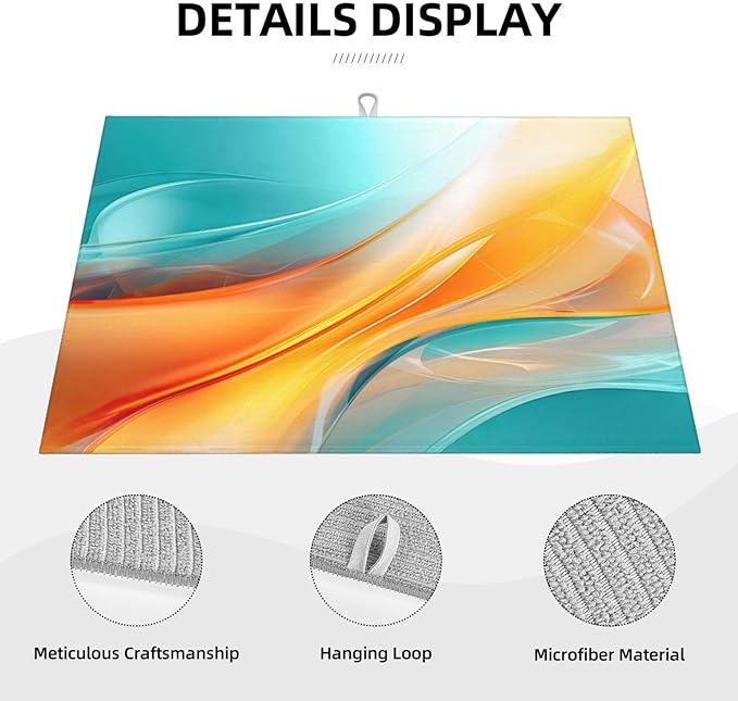 Teal and Burnt Orange Abstract Art Swirl Microfiber Dish Drying Mat, 18 x 24 inch Absorbent Decorative Kitchen Counter Mats, Polyester, Washable, Reusable, Foldable, for Dining Area, Small Appliances