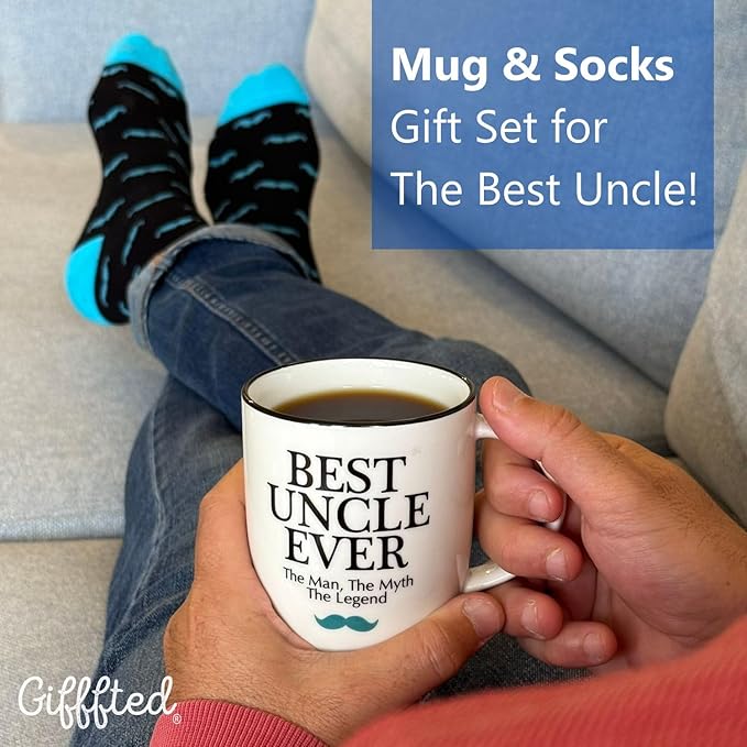 Triple Gifffted Best Uncle Ever Coffee Mug and Socks Gift Set – Funny Gifts for Christmas, Father’s Day, Valentine’s, Birthday from Niece or Nephew – 380ml Ceramic Cup with Cozy Socks